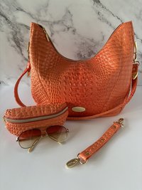 Orange Croc Faux Leather Handbag Set – Semi-Slouchy Shoulder Bag with Glasses Case