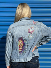 Custom Embroidered Dandy-Lion & Butterflies Denim Jacket with Genuine Crystals, Boho Women's One of a Kind Upcycled Denim Jacket