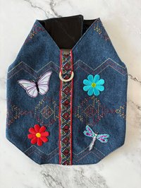 Denim dog harness for the fashionable, relaxed pup - One of a kind - Handmade Aztek style denim small dog vest with D-ring