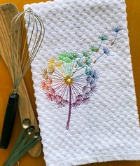 Embroidered Color Theory Dandelion Dish Towel, Gorgeous Rainbow Kitchen Decor