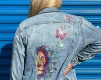 Custom Embroidered Dandy-Lion & Butterflies Denim Jacket with Genuine Crystals, Boho Women's One of a Kind Upcycled Denim Jacket