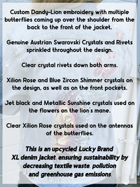 Custom Embroidered Dandy-Lion & Butterflies Denim Jacket with Genuine Crystals, Boho Women's One of a Kind Upcycled Denim Jacket