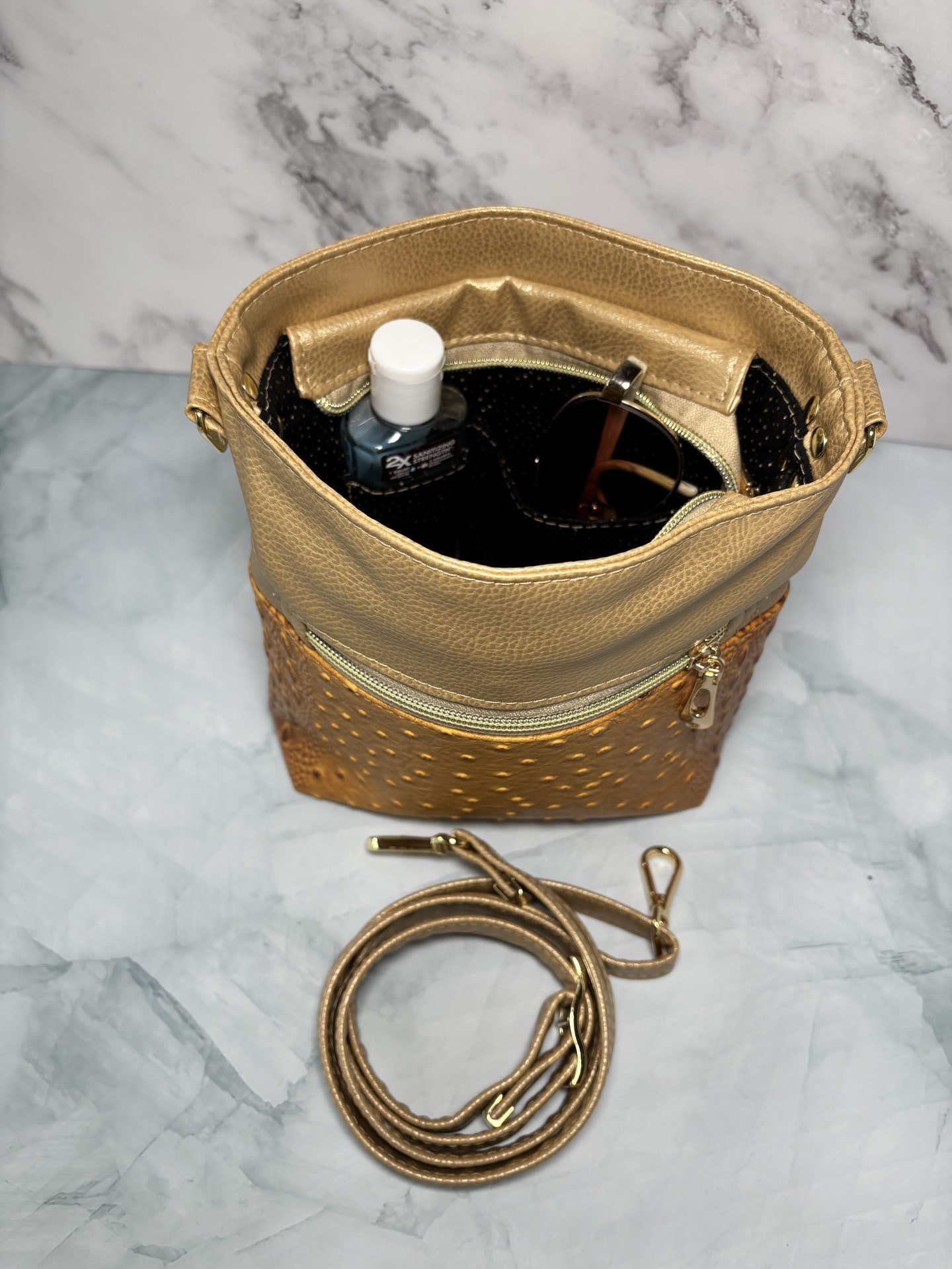 The Donna Crossbody Bag – Gold Ostrich & Croc Travel Purse with Pockets