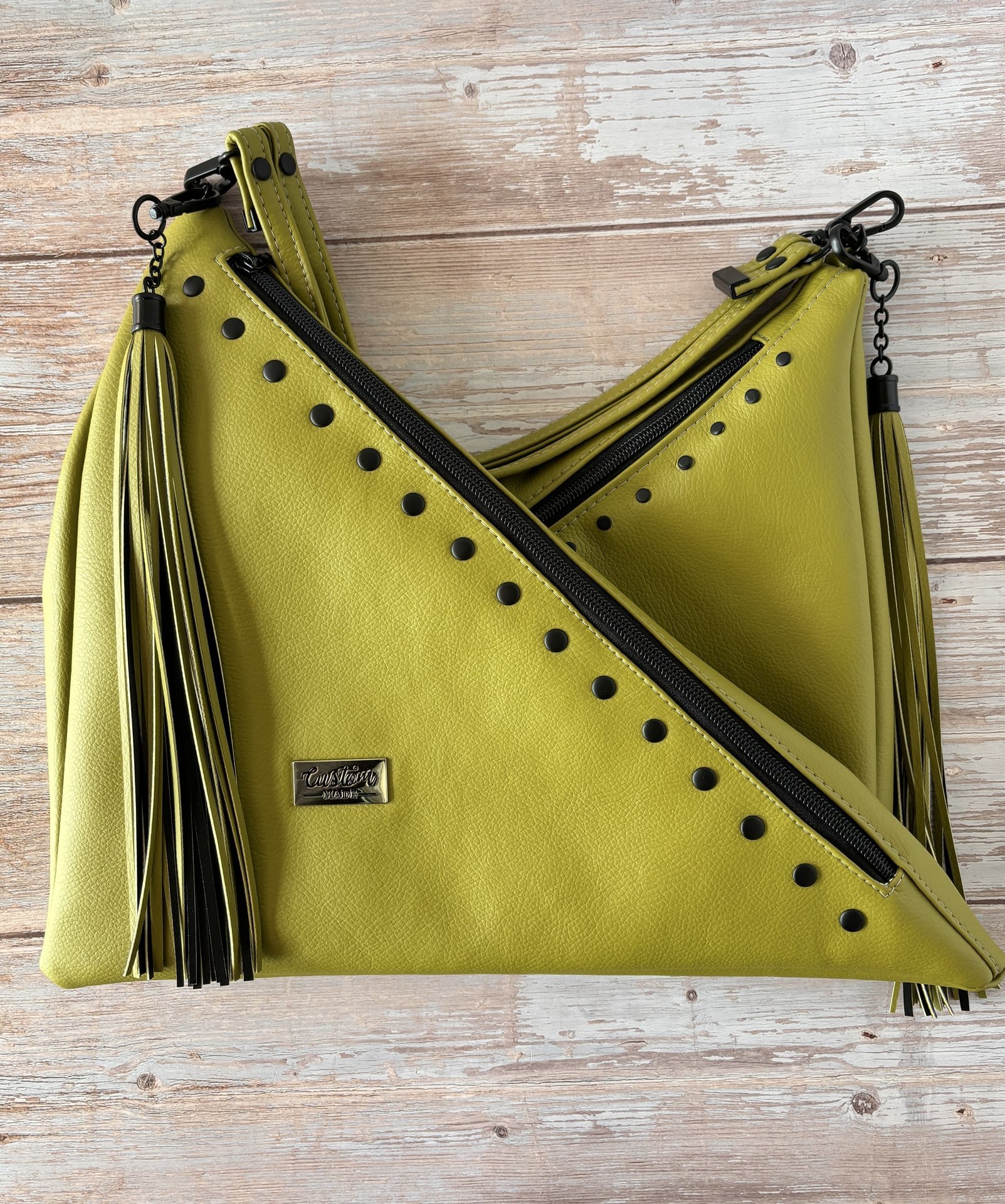 The Moss Renegade Handbag - Tassels, angles, rivets and a stunning colored synthetic leather