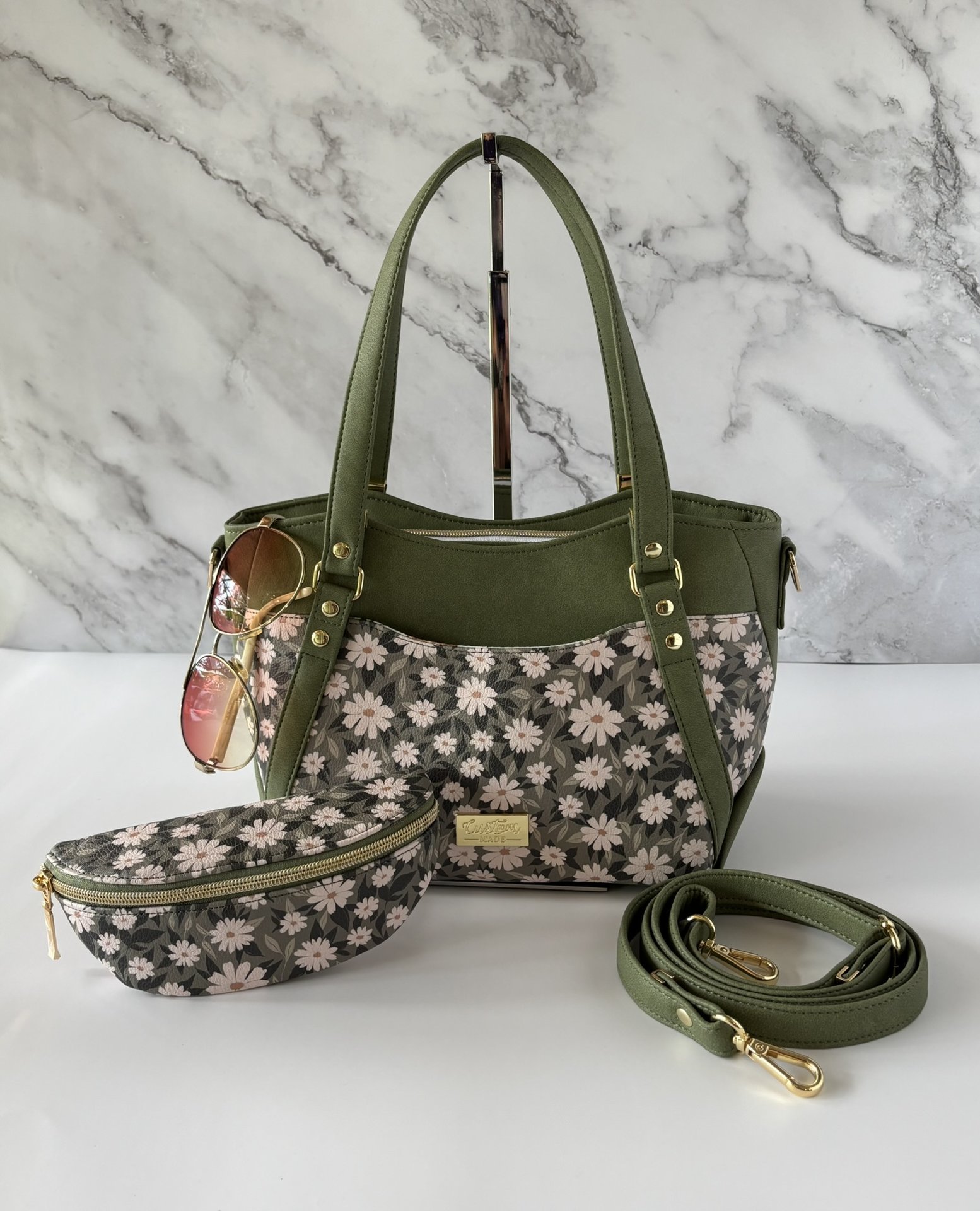 Daisy-Mae Floral Handbag – Olive Green Convertible Crossbody, Shoulder Bag with Gold Hardware - Shoulder, Handbag & Crossbody