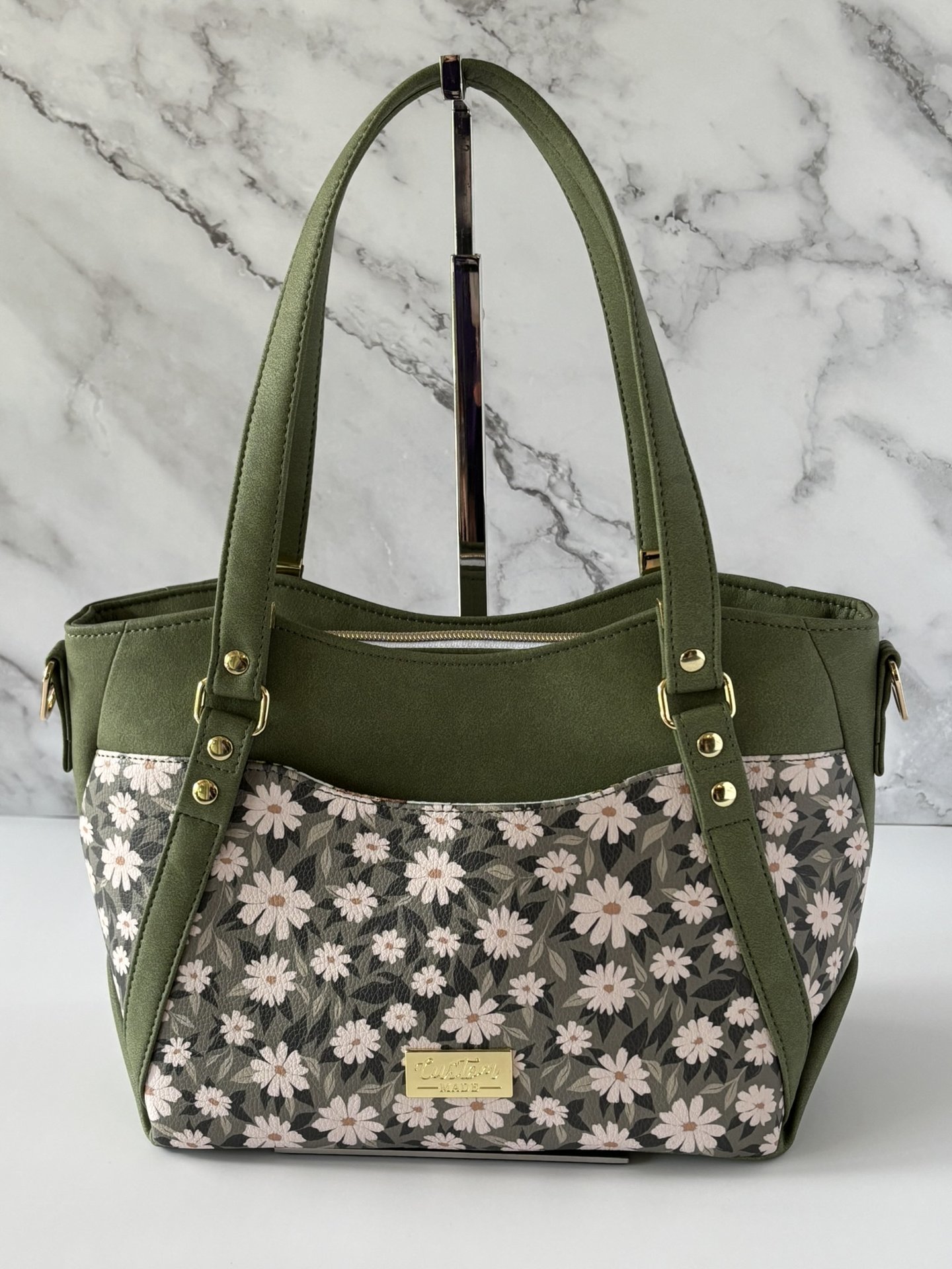 Daisy-Mae Floral Handbag – Olive Green Convertible Crossbody, Shoulder Bag with Gold Hardware - Shoulder, Handbag & Crossbody