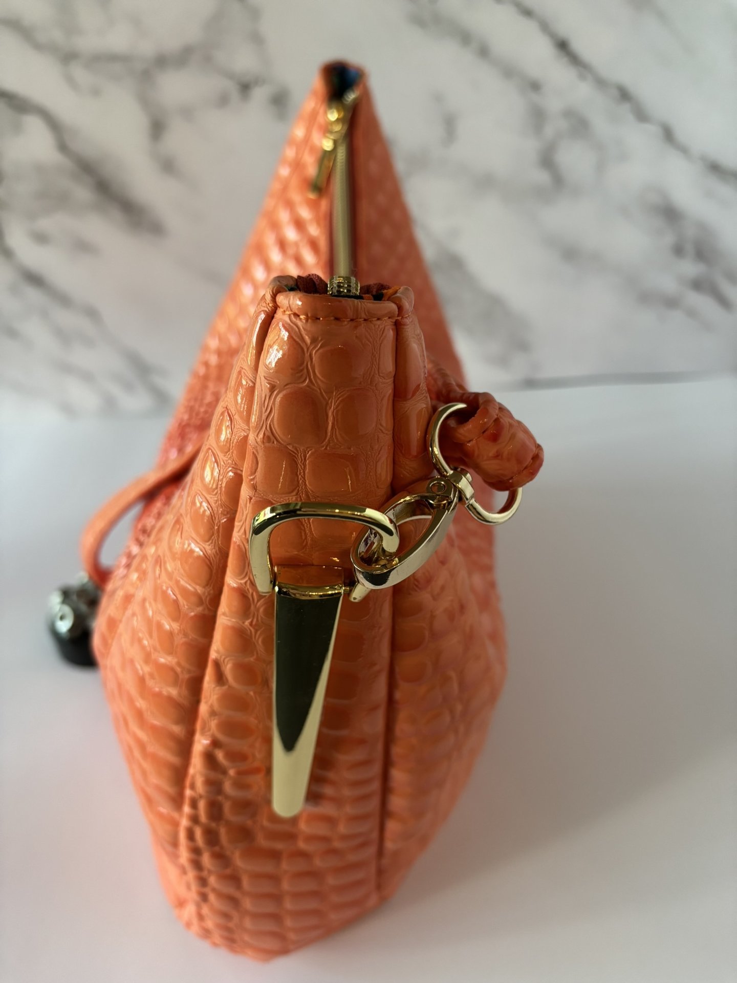 Orange Croc Faux Leather Handbag Set – Semi-Slouchy Shoulder Bag with Glasses Case