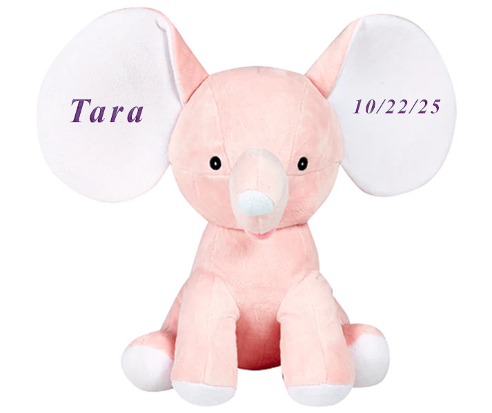 Personalized Blue, Pink or Grey Embroidered Colorful Soft & Cuddly Elephant as a Perfect Easter Gift, or Birthday Gift, or just for everyday