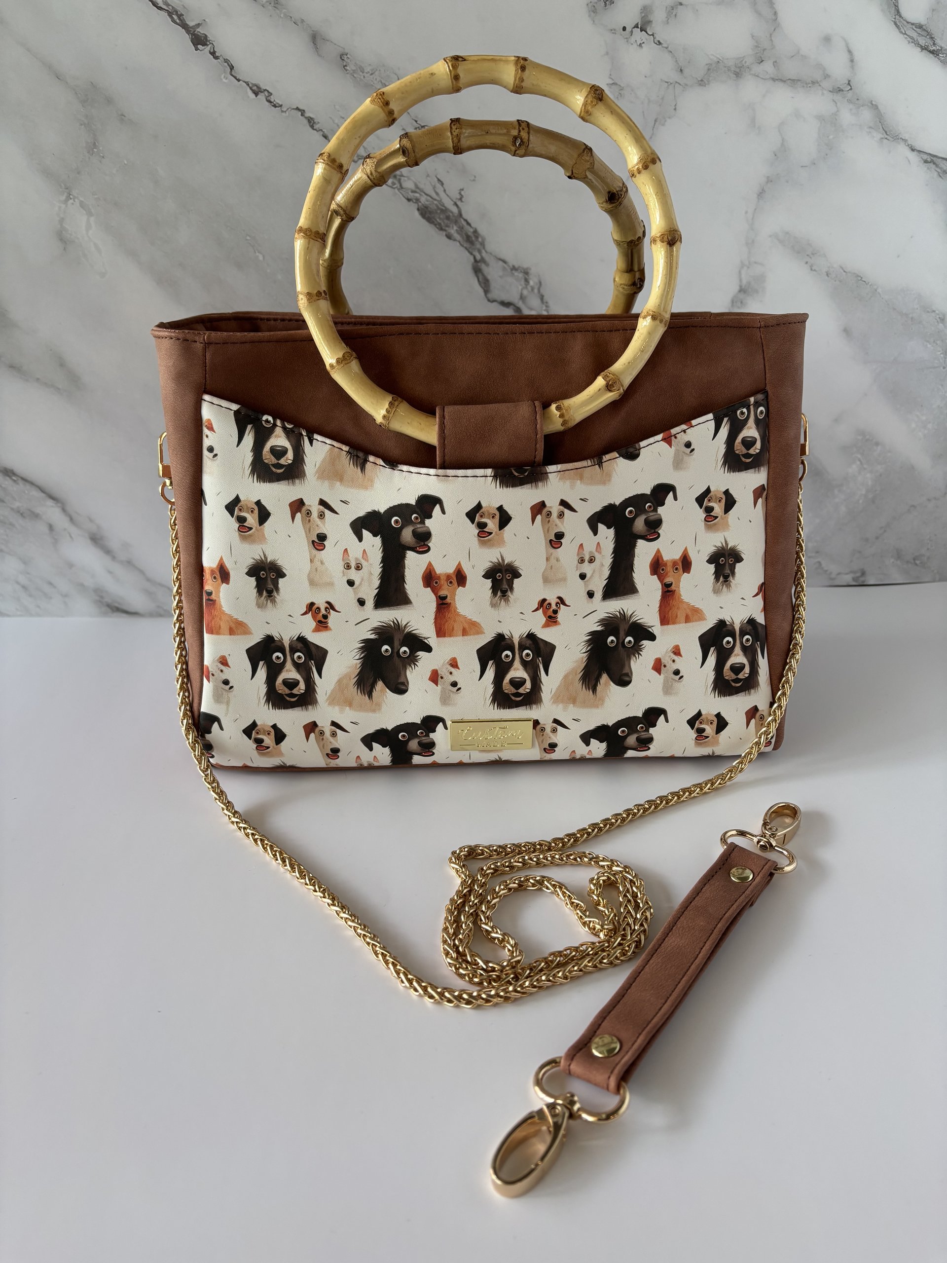 Custom medium sized funny dog handbag in premium faux leather and bamboo handles & crossbody strap - Great gift for the dog lover in your life who loves funny dogs