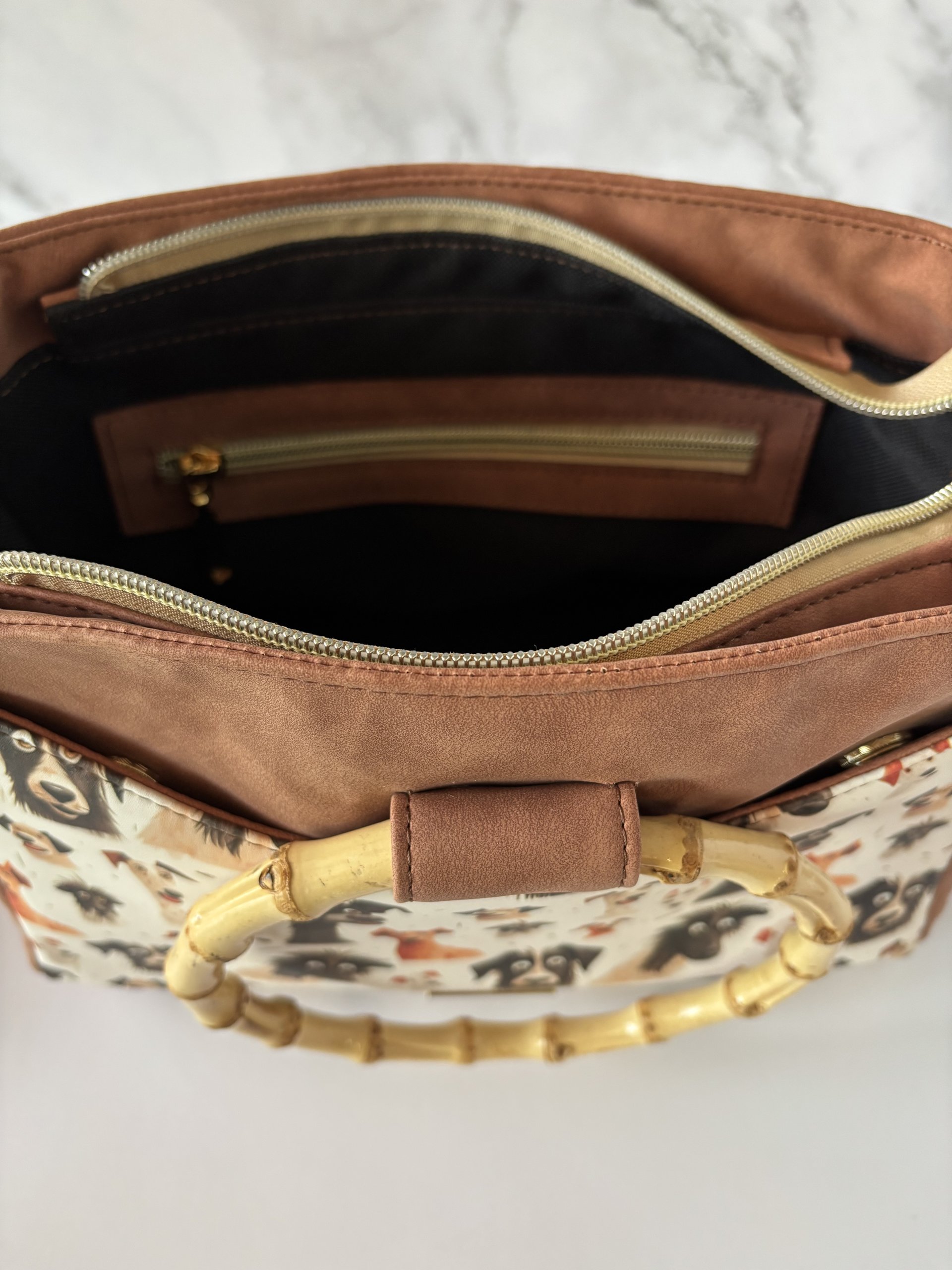 Custom medium sized funny dog handbag in premium faux leather and bamboo handles & crossbody strap - Great gift for the dog lover in your life who loves funny dogs