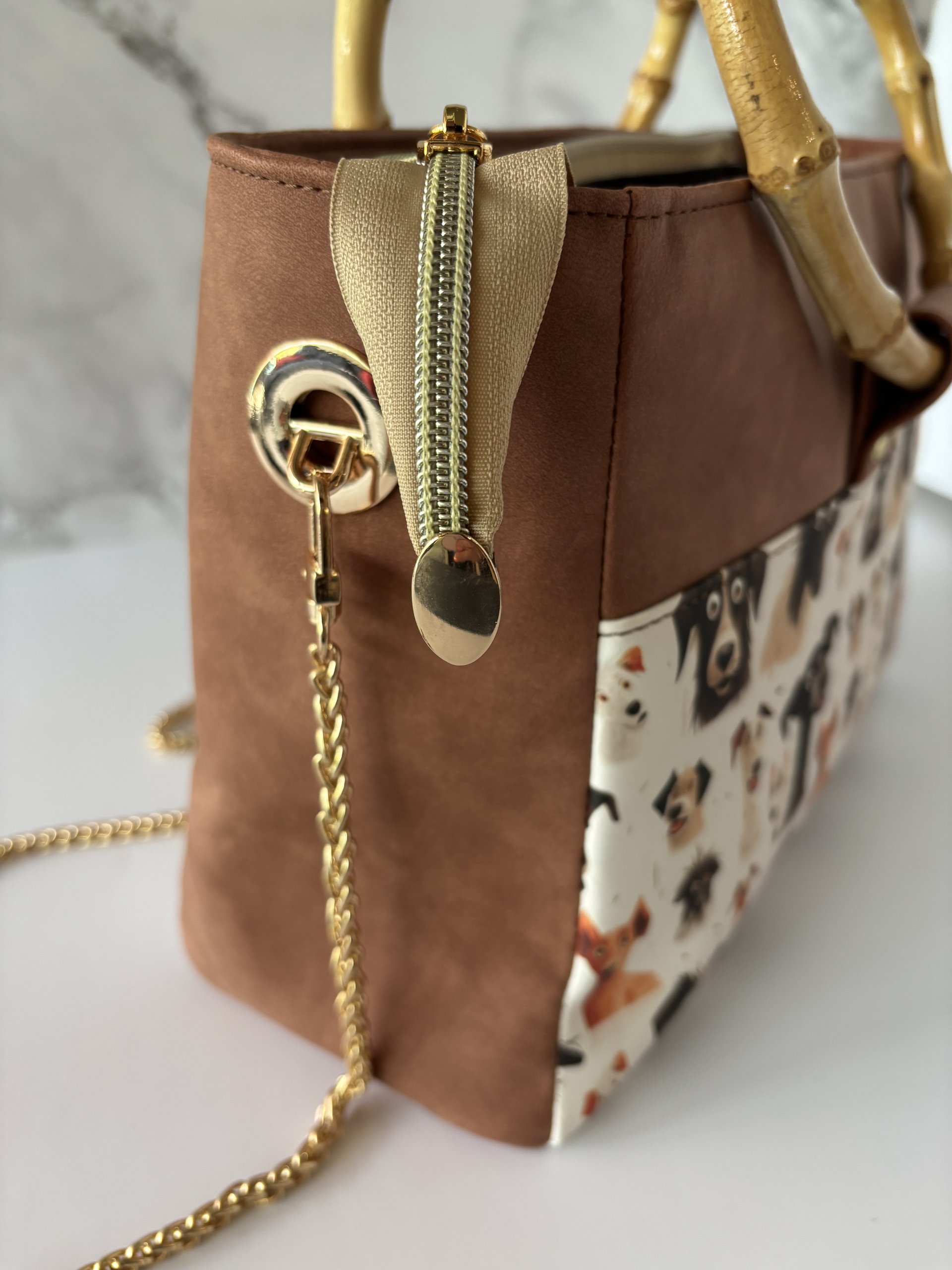 Custom medium sized funny dog handbag in premium faux leather and bamboo handles & crossbody strap - Great gift for the dog lover in your life who loves funny dogs