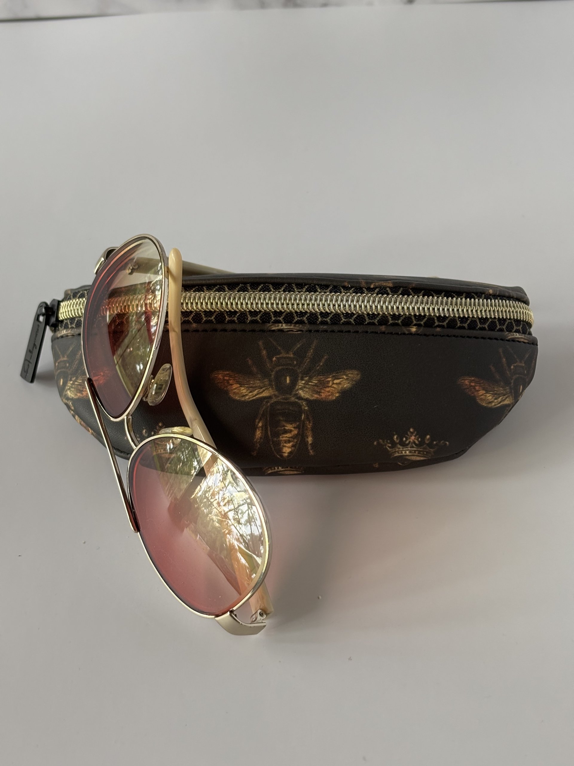 Queen Bee handbag with matching glass/sunglass case - Gold and honeycomb designer inspired bag
