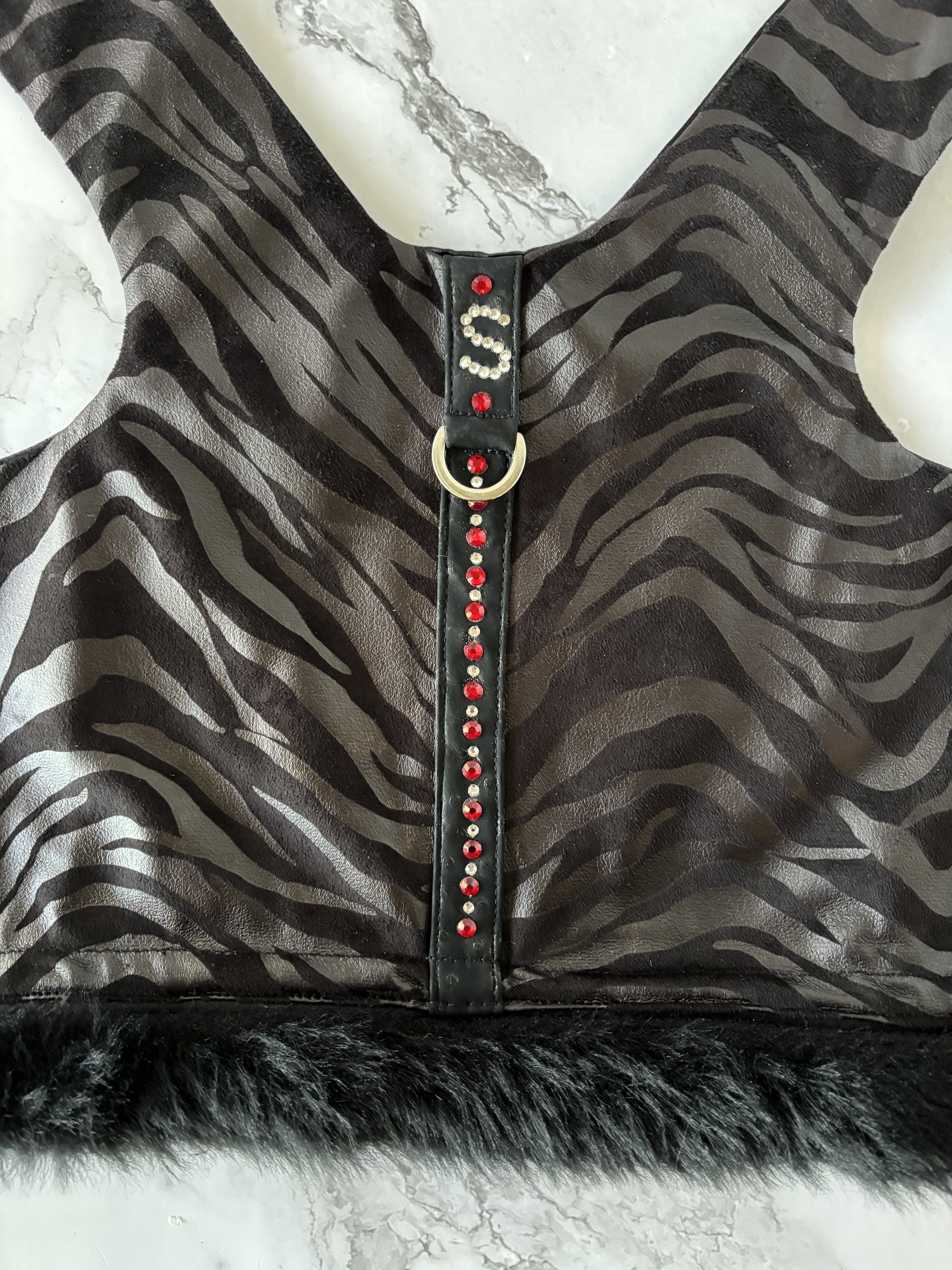 Fashion faux leather & suede dog harness with fur trim - with "S" initial in Austrian Crystals - for the small breed fashion lover