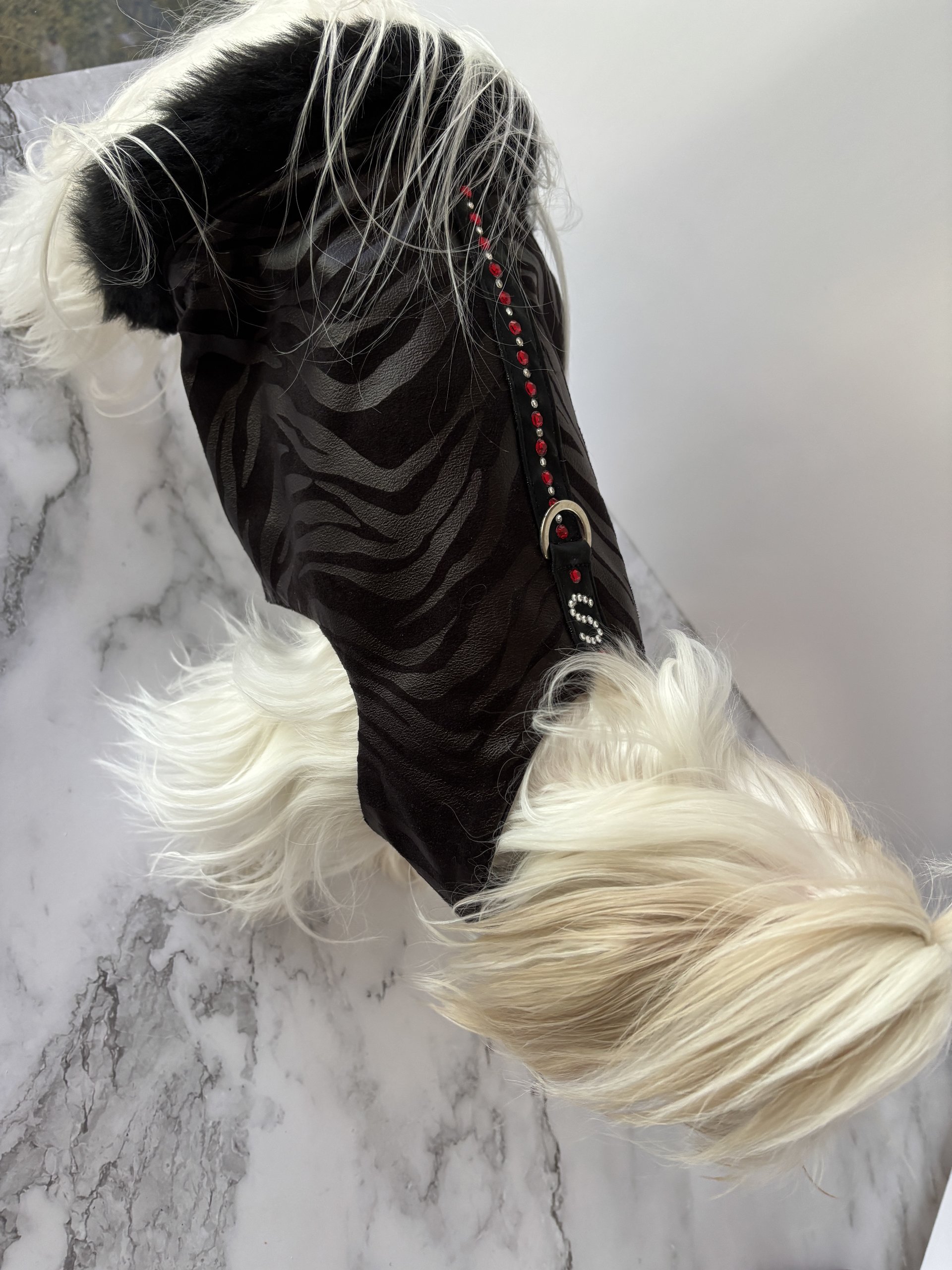 Fashion faux leather & suede dog harness with fur trim - with "S" initial in Austrian Crystals - for the small breed fashion lover