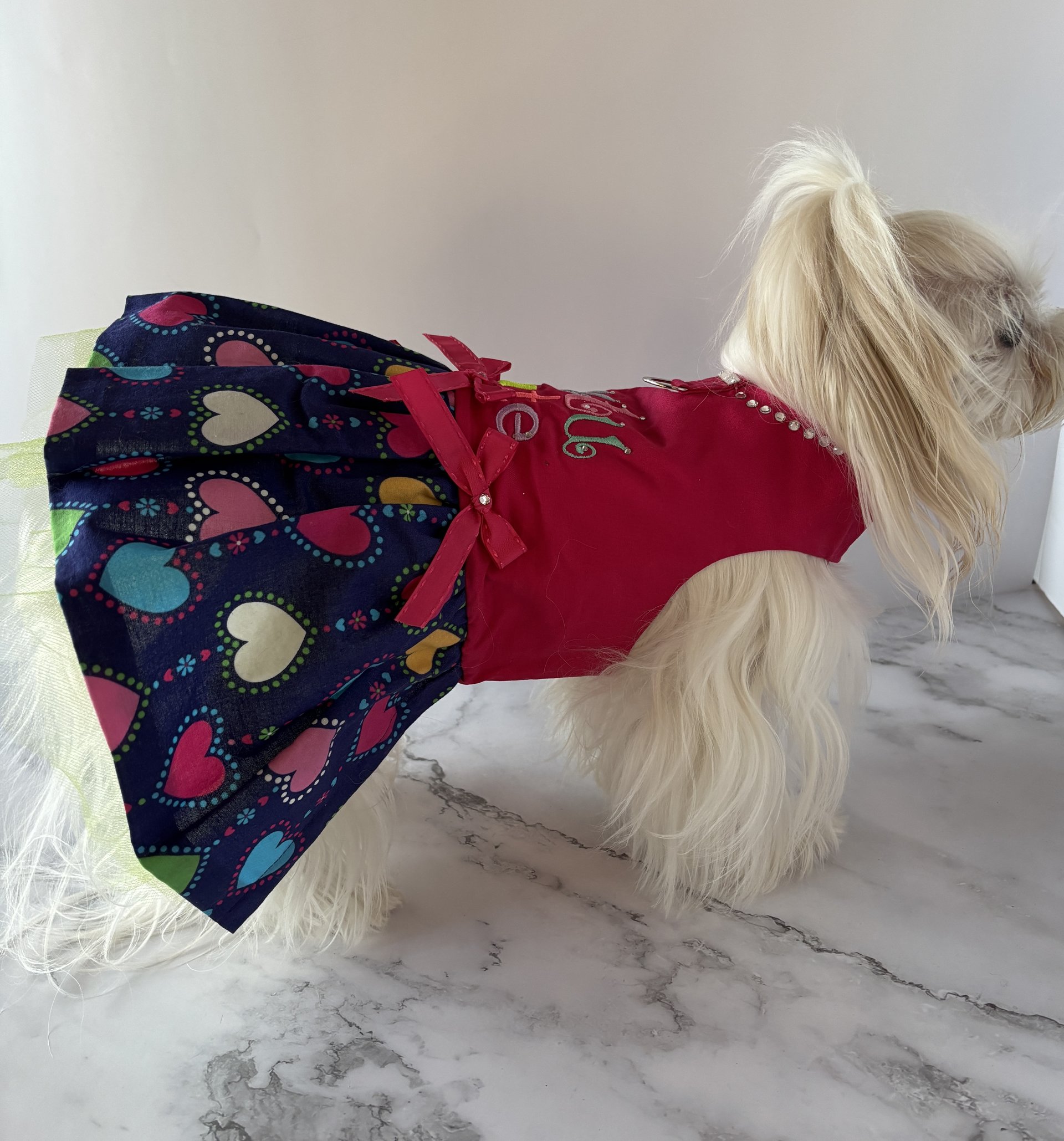 Tutu Cute Small Dog Harness Dress with solid cast D-ring -- embroidery, a built-in bling necklace and adorable skirt