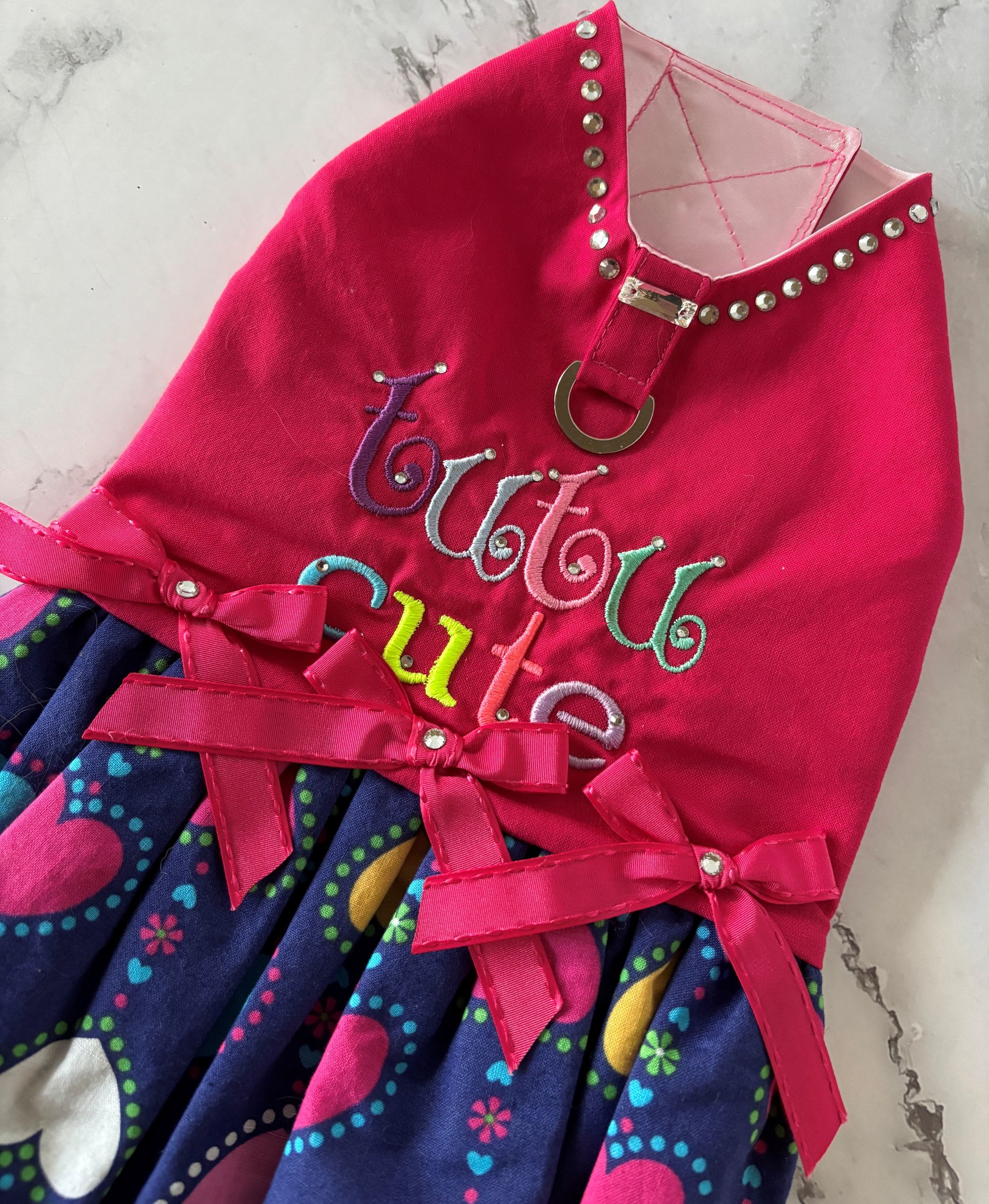 Tutu Cute Small Dog Harness Dress with solid cast D-ring -- embroidery, a built-in bling necklace and adorable skirt