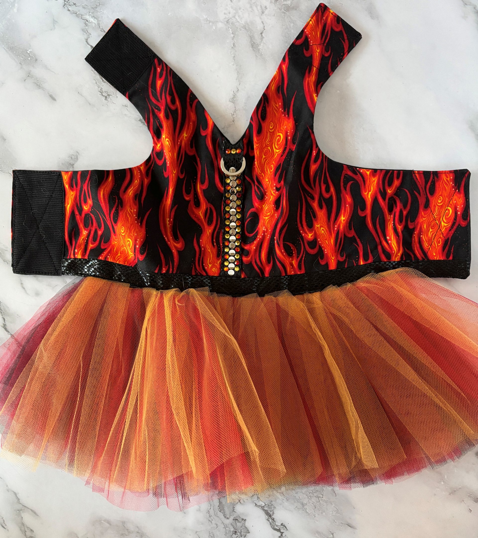Little Miss Wildfire Harness Dress for small breed dog - with D-ring for walking on a leash