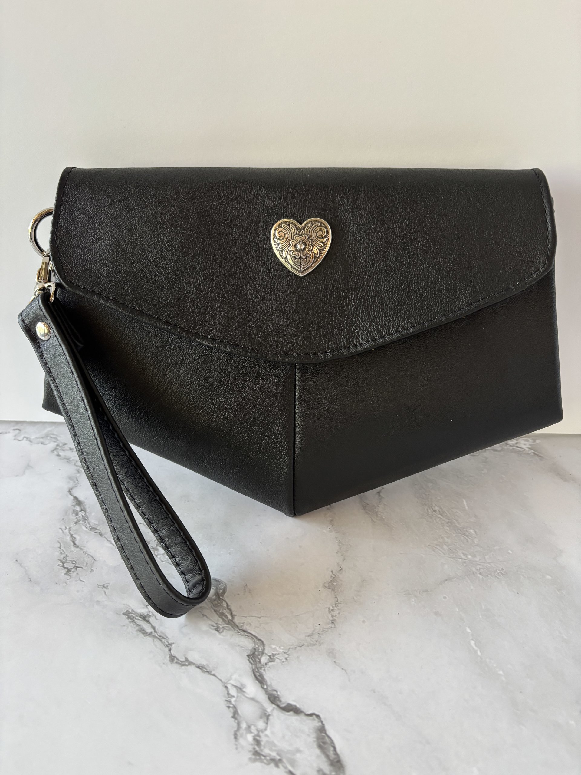 Black Lambskin Leather Crossbody Handbag - Clutch - Wristlet