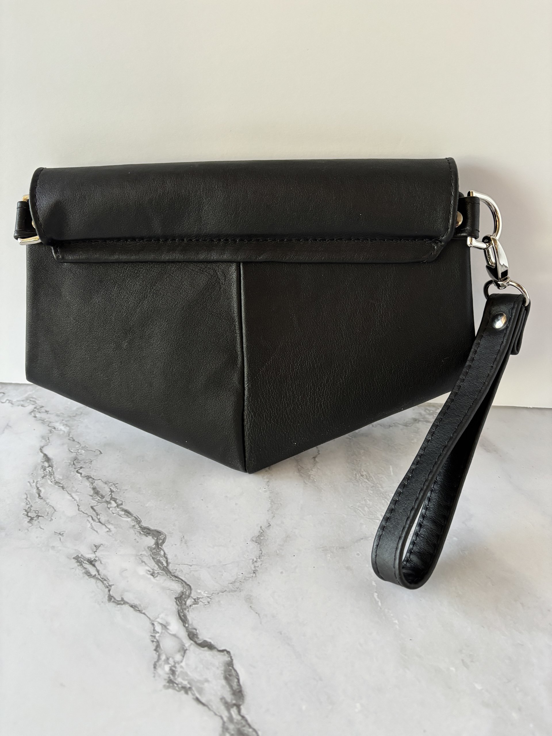 Black Lambskin Leather Crossbody Handbag - Clutch - Wristlet