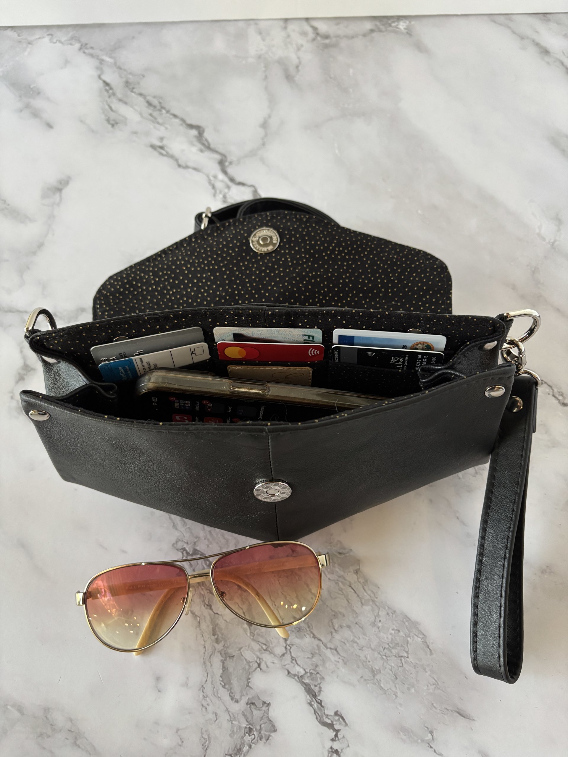Black Lambskin Leather Crossbody Handbag - Clutch - Wristlet
