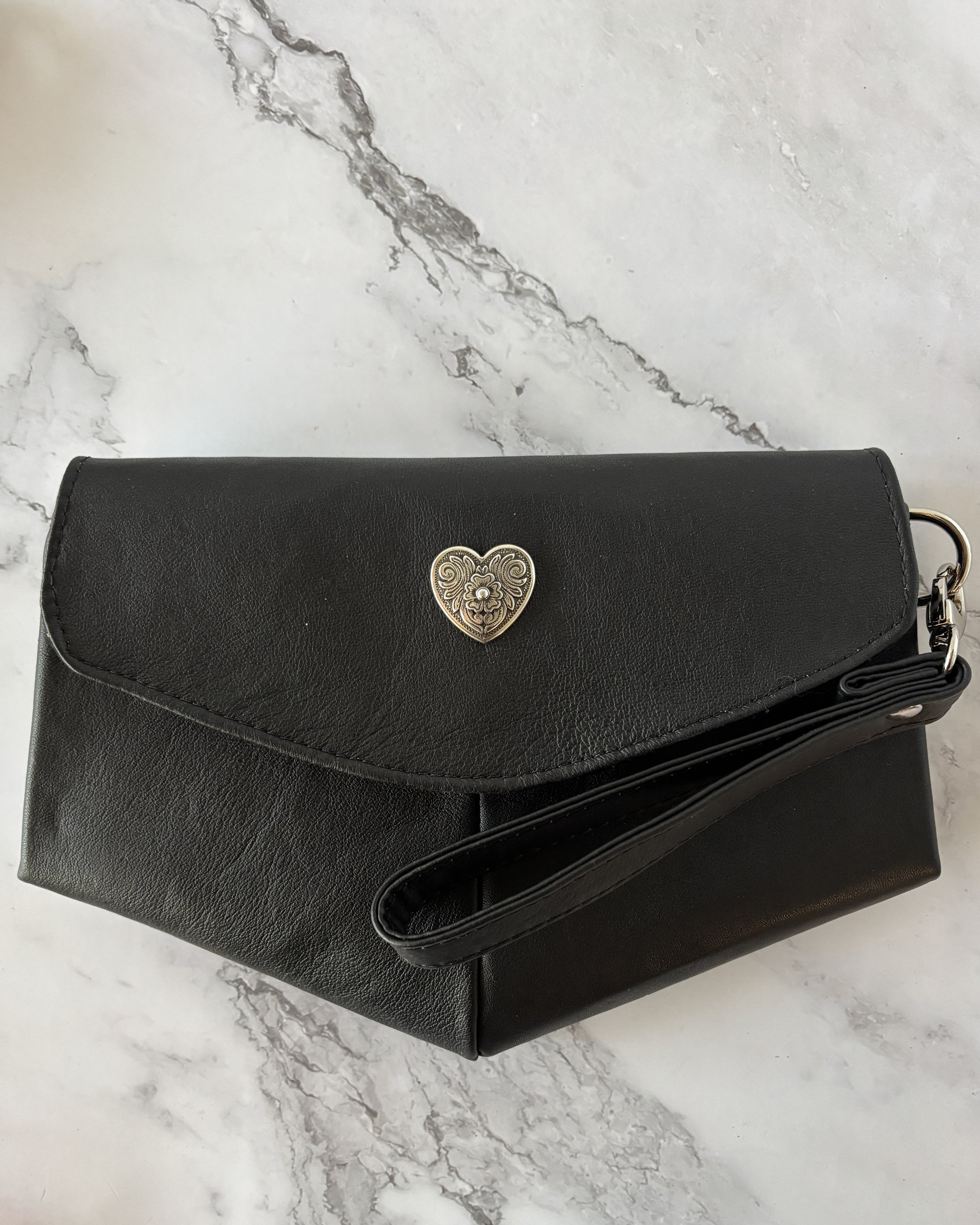 Black Lambskin Leather Crossbody Handbag - Clutch - Wristlet