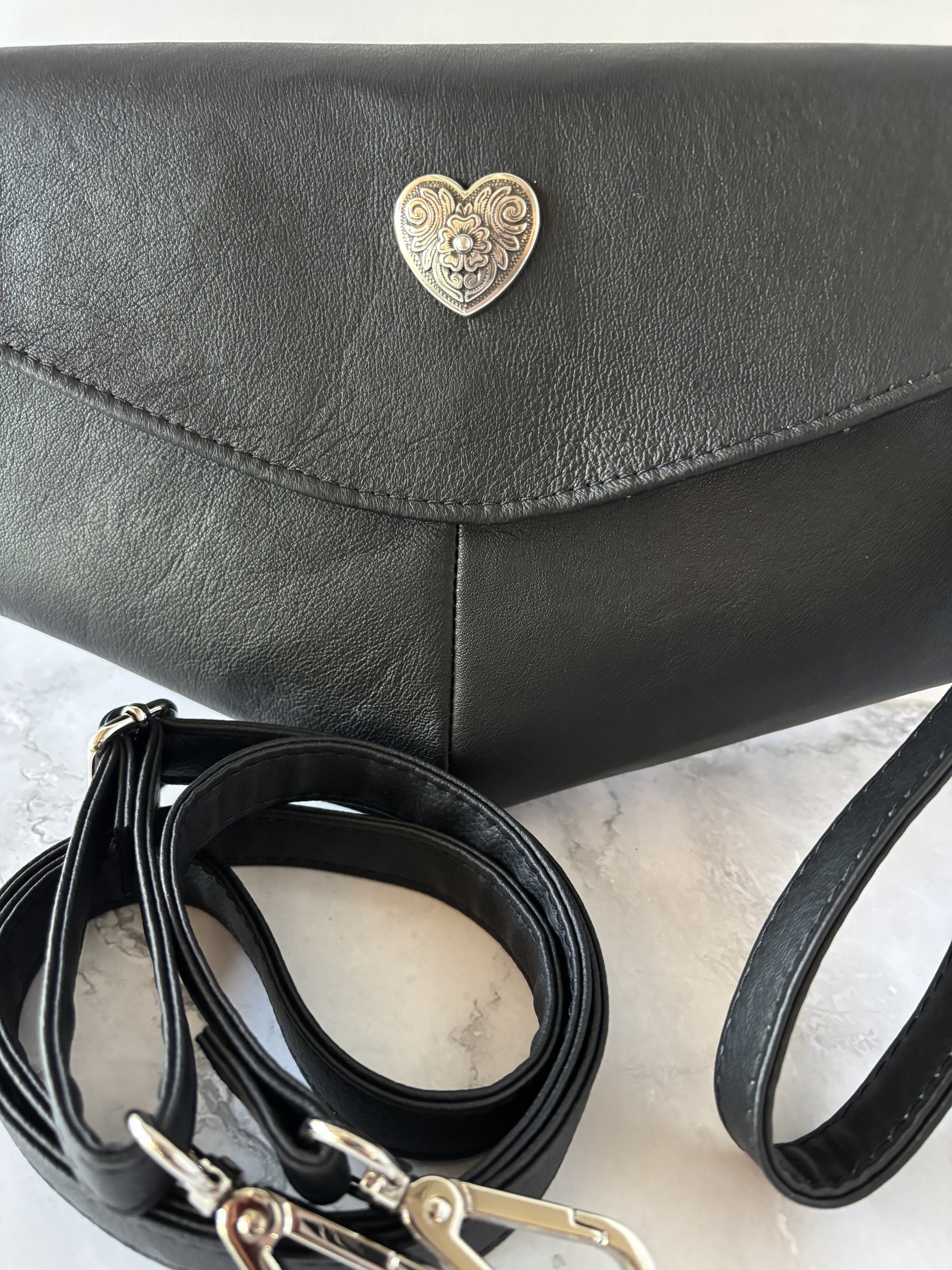 Black Lambskin Leather Crossbody Handbag - Clutch - Wristlet