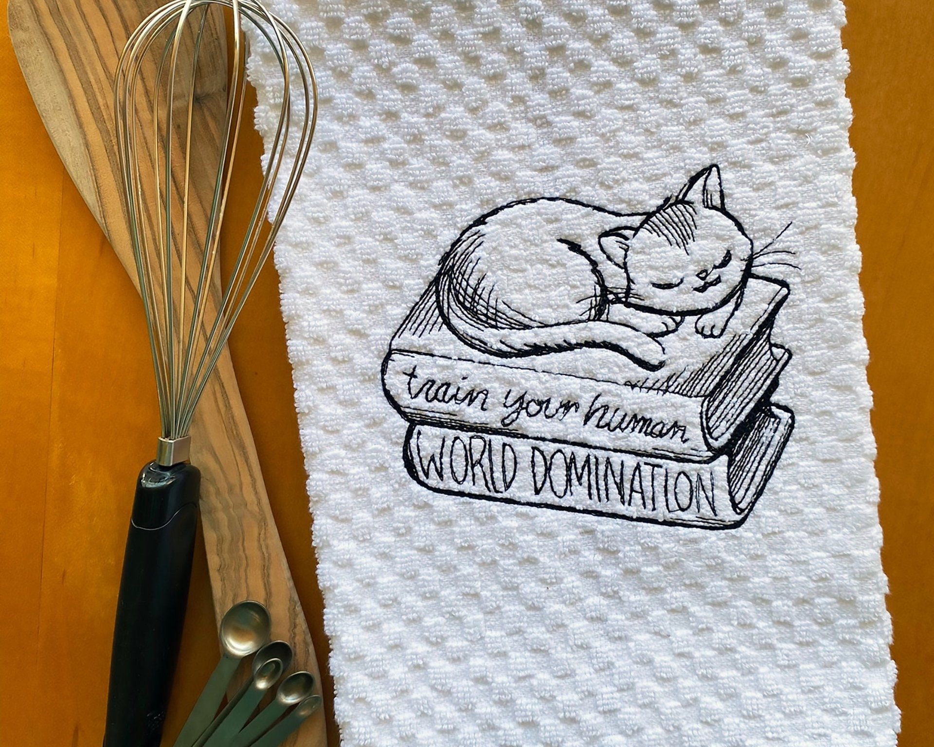 Embroidered Funny Feline Kitchen Decor for the book lover, the cat lover, Housewarming or Hostess Gift