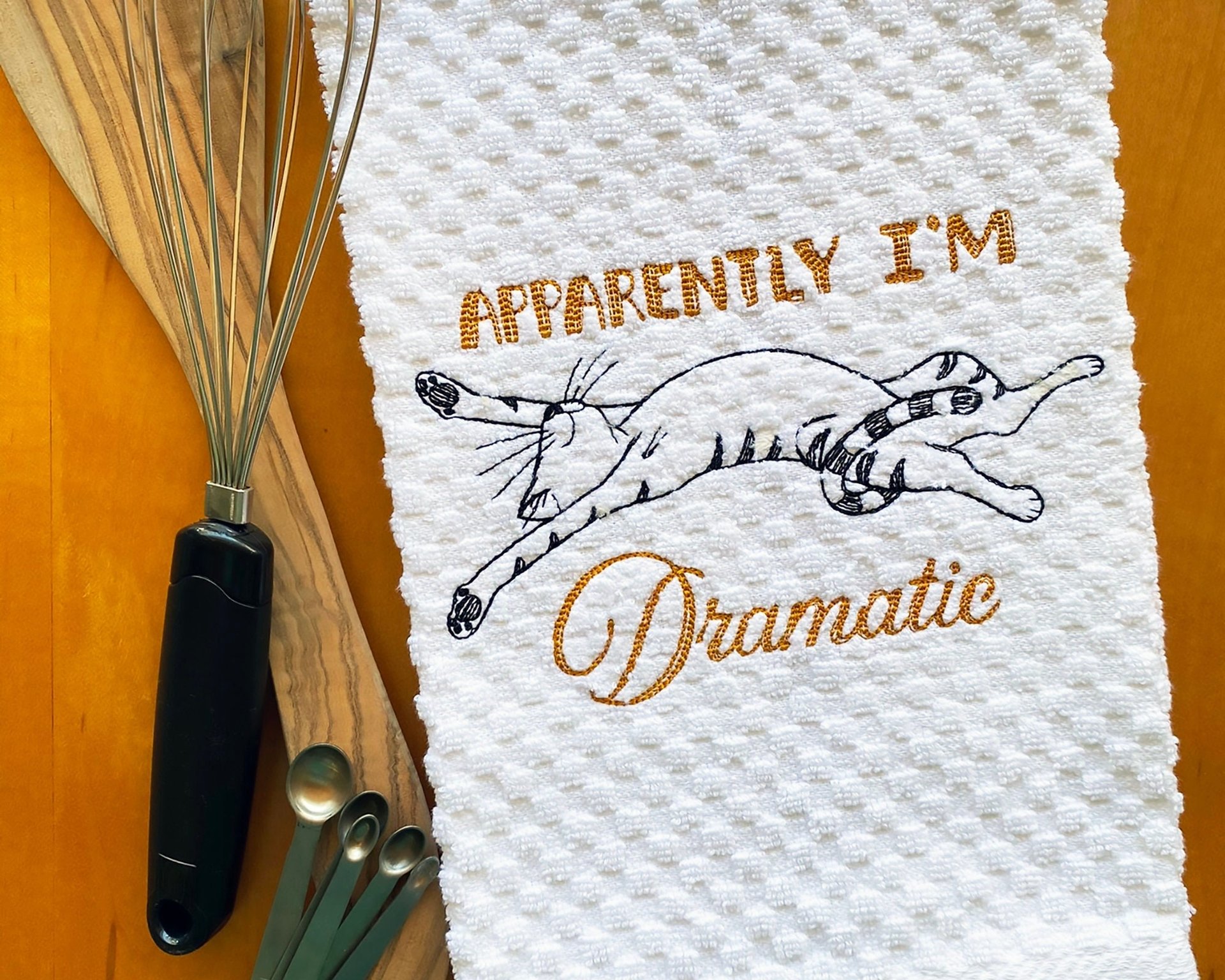 Embroidered Funny Drama Cat Dish Towel, Hostess or New Home Gift