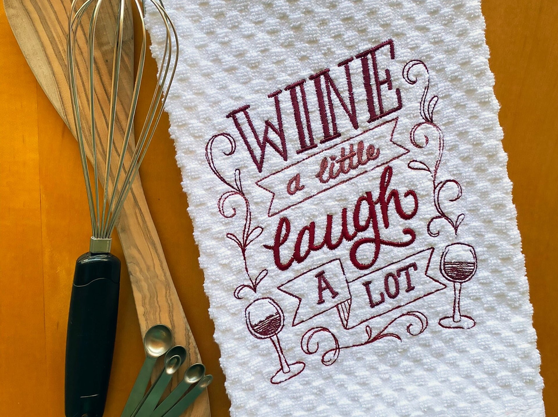 Embroidered Wine & Laugh Cocktail Dish Towel, Festive Hostess or New Home Gift