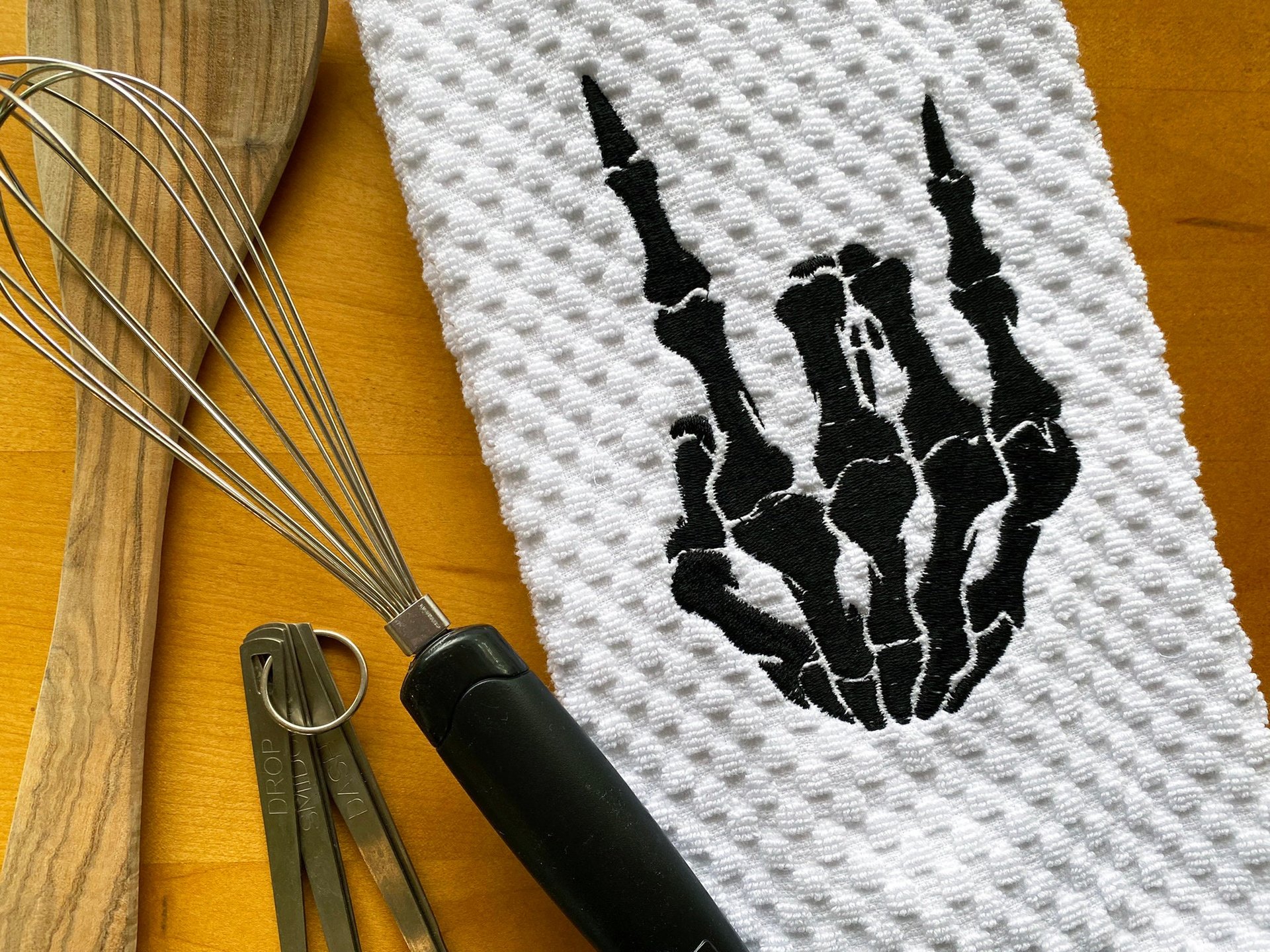Embroidered Skeleton Hand Rocker Dish Towel, Gothic Skeleton Kitchen Decor