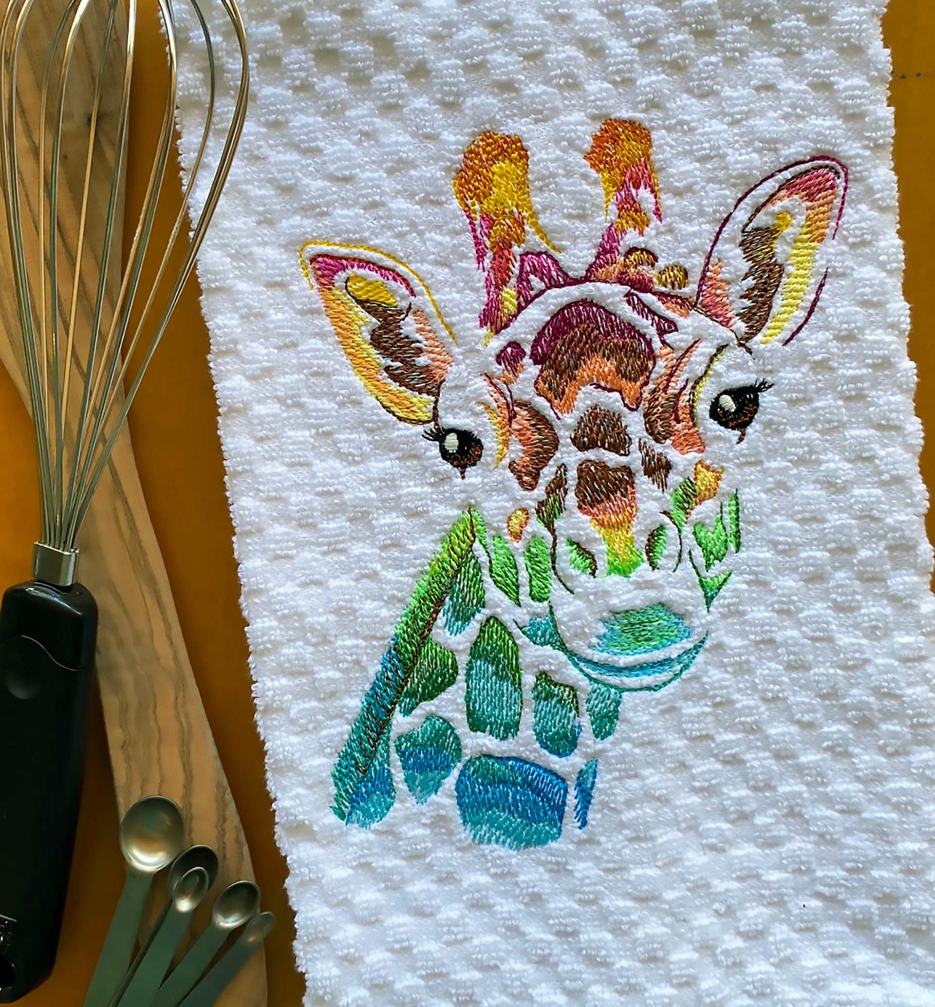 Embroidered Color Theory Giraffe Dish Towel, Stunning Rainbow Kitchen Decor
