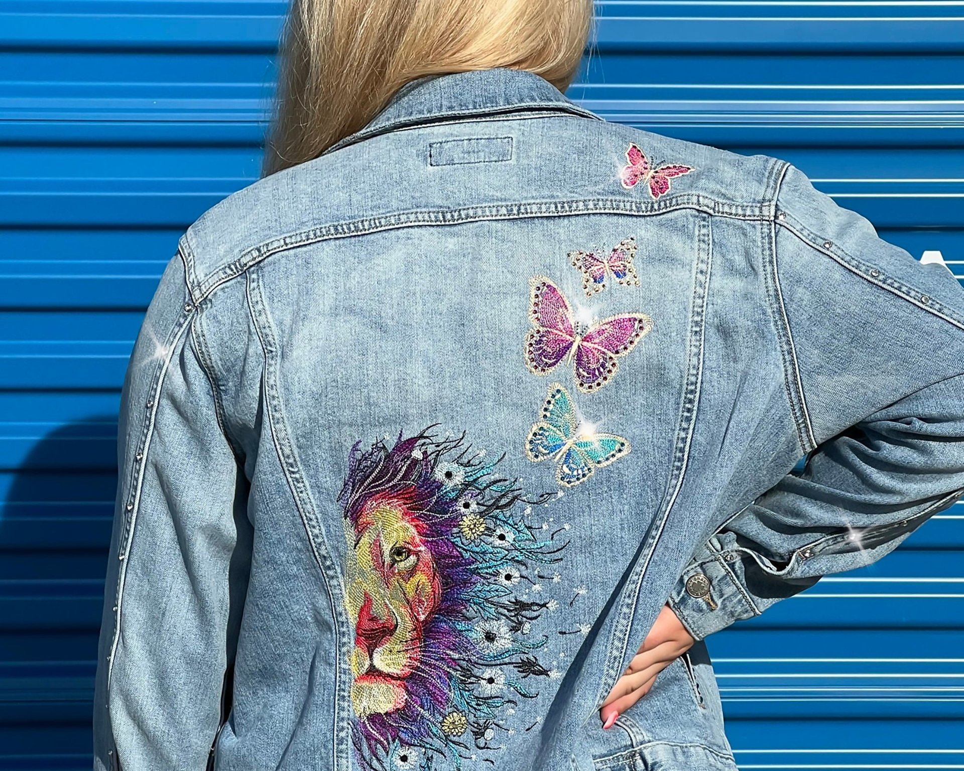 Custom Embroidered Dandy-Lion & Butterflies Denim Jacket with Genuine Crystals, Boho Women's One of a Kind Upcycled Denim Jacket