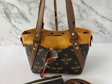 Queen Bee handbag with matching glass/sunglass case - Gold and honeycomb designer inspired bag