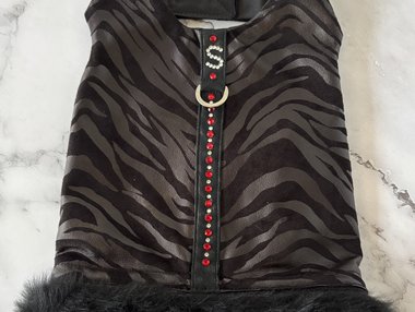 Fashion faux leather & suede dog harness with fur trim - with "S" initial in Austrian Crystals - for the small breed fashion lover