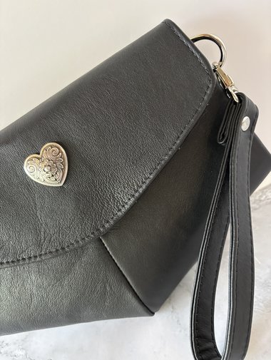 Black Lambskin Leather Crossbody Handbag - Clutch - Wristlet